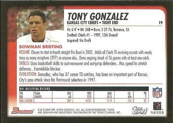 2003 Bowman #19 Tony Gonzalez Back