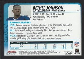 2003 Bowman Chrome #168 Bethel Johnson Back