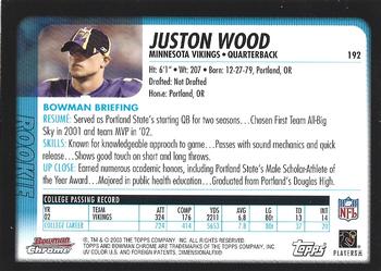 2003 Bowman Chrome #192 Juston Wood Back