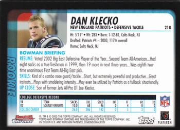 2003 Bowman Chrome #218 Dan Klecko Back