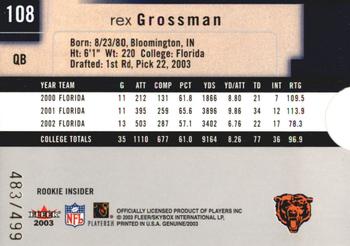 2003 Fleer Genuine Insider #108 Rex Grossman Back
