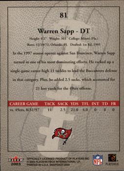 2003 Fleer Snapshot #81 Warren Sapp Back