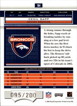 2003 Playoff Honors #154 Cecil Sapp Back