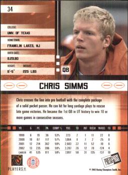2003 Press Pass JE #34 Chris Simms Back