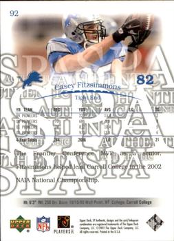 2003 SP Authentic #92 Casey Fitzsimmons Back