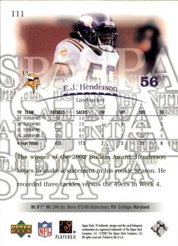 2003 SP Authentic #111 E.J. Henderson Back