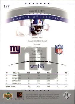 2003 SP Authentic #187 David Tyree Back