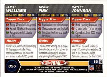 2003 Topps Total #356 Jamal Williams / Jason Fisk / Raylee Johnson Back