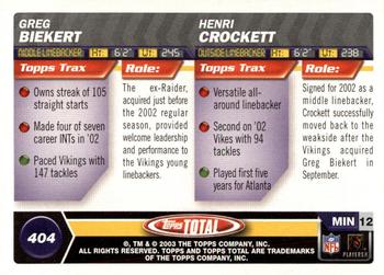 2003 Topps Total #404 Greg Biekert / Henri Crockett Back