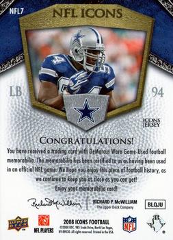 2008 Upper Deck Icons - NFL Icons Jersey Silver #NFL7 DeMarcus Ware Back