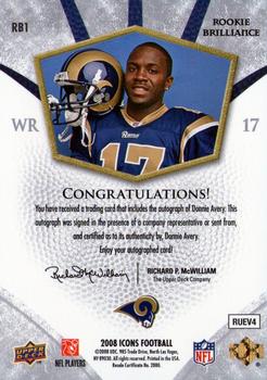2008 Upper Deck Icons - Rookie Brilliance Autographs #RB1 Donnie Avery Back