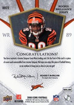2008 Upper Deck Icons - Rookie Brilliance Jersey Silver #RB22 Jerome Simpson Back