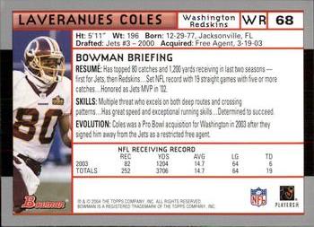 2004 Bowman #68 Laveranues Coles Back