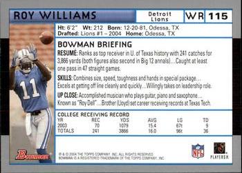 2004 Bowman #115 Roy Williams Back