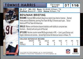 2004 Bowman #116 Tommie Harris Back