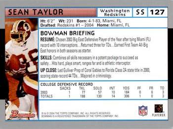 2004 Bowman #127 Sean Taylor Back