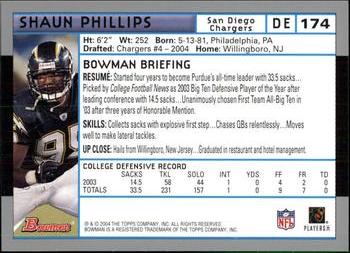 2004 Bowman #174 Shaun Phillips Back