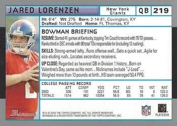2004 Bowman #219 Jared Lorenzen Back