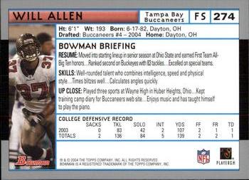 2004 Bowman #274 Will Allen Back