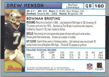 2004 Bowman #160 Drew Henson Back