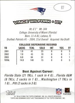 2004 Bowman's Best #87 Vince Wilfork Back