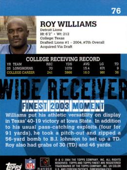 2004 Finest #76 Roy Williams Back