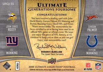 2008 Upper Deck Ultimate Collection - Ultimate Generations Foursomes Jerseys Patch Holofoil #UFGJ-15 Peyton Manning / Carson Palmer / Eli Manning / John David Booty Back