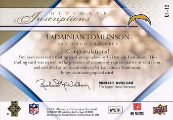 2008 Upper Deck Ultimate Collection - Ultimate Inscriptions #UI-12 LaDainian Tomlinson Back