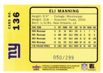 2004 Fleer Platinum #136 Eli Manning Back