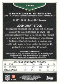 2009 Bowman Draft Picks - Rookie Autographs Gold #186 Brandon Gibson Back