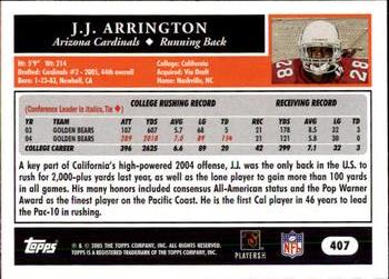 2005 Topps #407 J.J. Arrington Back
