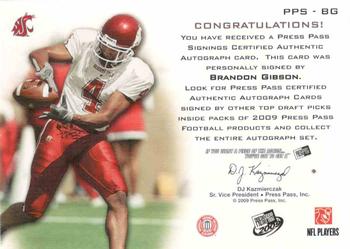 2009 Press Pass - Press Pass Signings Bronze Red Ink #PPS-BG Brandon Gibson Back