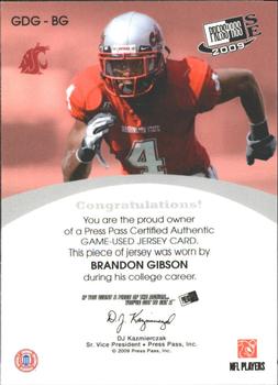 2009 Press Pass SE - Game Day Gear Jerseys Silver #GDG-BG Brandon Gibson Back