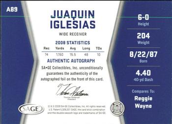 2009 SAGE HIT - Autographs Gold #A89 Juaquin Iglesias Back