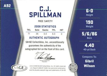 2009 SAGE HIT - Autographs Silver #A92 C.J. Spillman Back