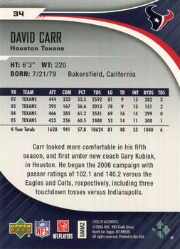 2006 SP Authentic #34 David Carr Back