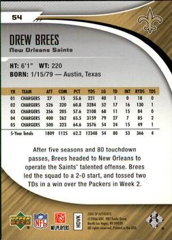 2006 SP Authentic #54 Drew Brees Back
