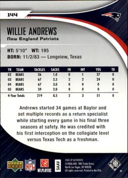 2006 SP Authentic #144 Willie Andrews Back