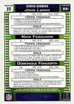 2006 Topps Total #211 John Lynch / Nick Ferguson / Domonique Foxworth Back