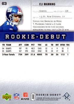 2006 Upper Deck Rookie Debut #63 Eli Manning Back