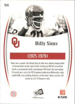 2007 Press Pass Legends #94 Billy Sims Back