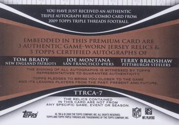2009 Topps Triple Threads - Autographed Relic Combos Sepia #TTRCA-7 Tom Brady / Joe Montana / Terry Bradshaw Back