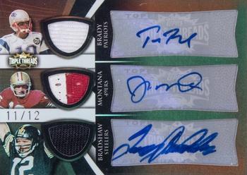 2009 Topps Triple Threads - Autographed Relic Combos Sepia #TTRCA-7 Tom Brady / Joe Montana / Terry Bradshaw Front
