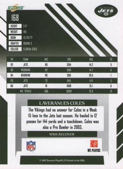 2007 Score Select #168 Laveranues Coles Back
