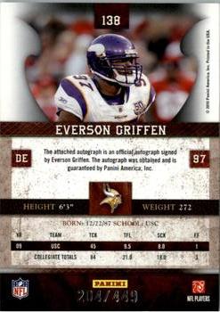 2010 Panini Plates & Patches #138 Everson Griffen  Back