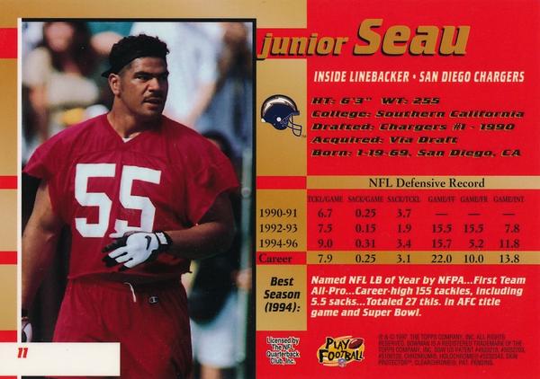 1997-98 Bowman's Best Super Bowl Jumbos #11 Junior Seau Back