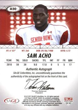 2011 SAGE HIT - Autographs Silver #A30 Sam Acho Back