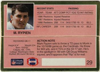 1989 Action Packed Test #29 Mark Rypien Back