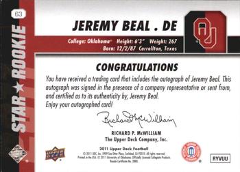2011 Upper Deck - Rookie Autographs #63 Jeremy Beal Back