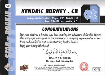 2011 Upper Deck - Rookie Autographs #143 Kendric Burney Back